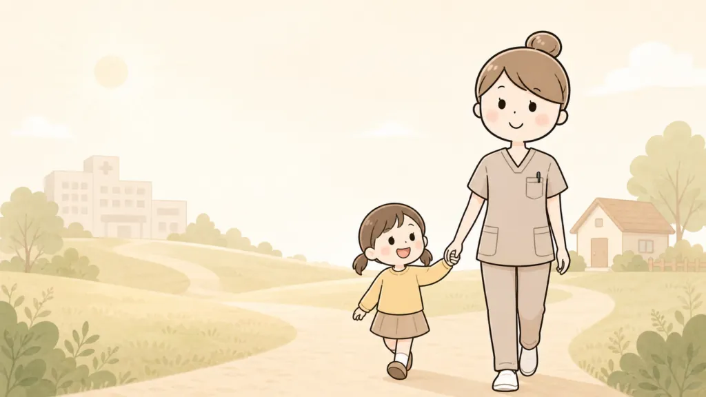 子育てと看護師の仕事を両立しながら前向きに働く姿を示すイラスト